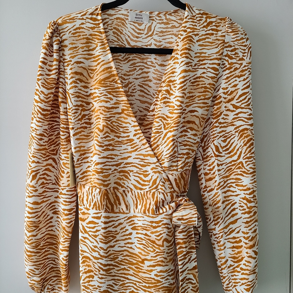 Little Moon White and Mustard Zebra-Print Midi Dress
